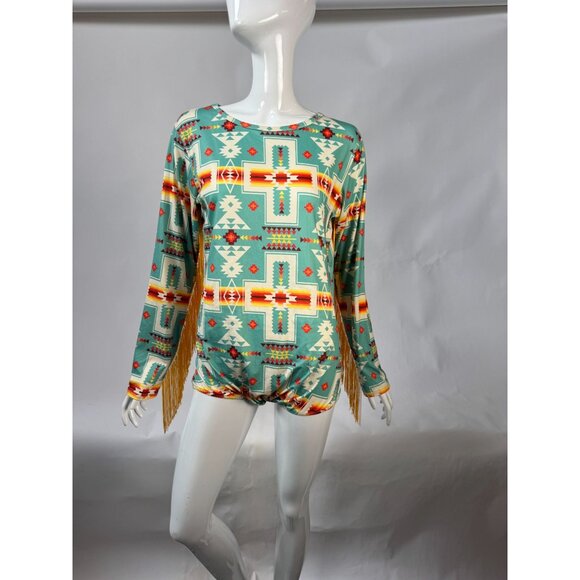 GG Western Wear Aztec Print Long Sleeve Fringe Body Suit - Picture 8 of 16